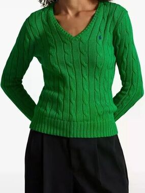 Polo Ralph Lauren Green Cable Knit V-Neck Sweater Slim Fit Cotton Small Petite